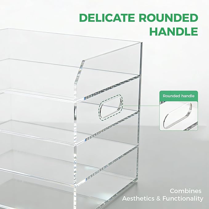 Paper Tray Organizer for Desk, 4 Tier Acrylic Desk Organizers and Accessories, One-Piece Integrated A4 Paper Organizer with Handles, Crystal-Clear Letter Tray & Office File Holder, Books Notes