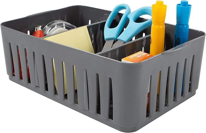 Simplify 2 Pack Compartment Stackable Bin with Adjustable Dividers | Drawer Organizer | Storage Basket | Good for Office | Desk Supplies | Dorm | Bathroom | Accessories | Make Up | Grey