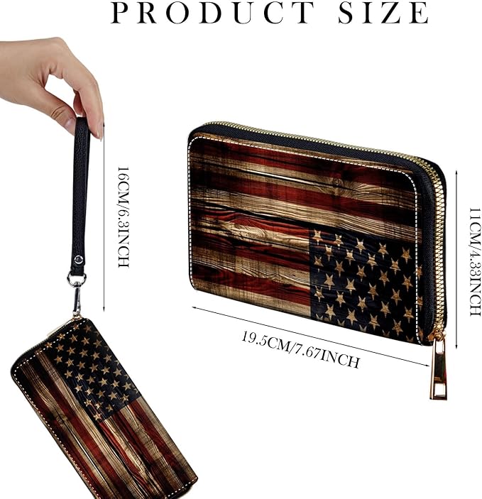 Zip Around Wallets for Women with Detachable Wrist Strap, Large Capacity RFID Blocking Leather Purse Organizer Card Holder Wristlet,American Flag on Wood