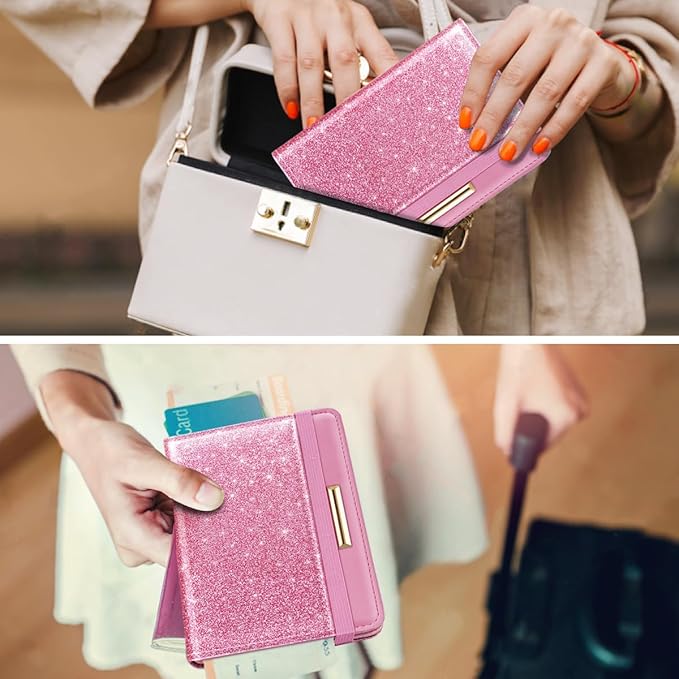 Passport Holder Cover,Traveling Passport Case Cute Passport Wallet for Women,Peach Glitter