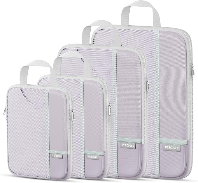 Percover Compression Packing Cubes 4-Piece Set, Packing Cubes Compression for Travel with Label Pockets, Travel Organizer for Carry On & Checked Luggage, Purple