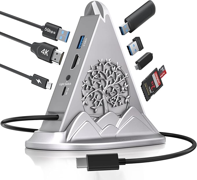 USB C Hub, 8 in 1 vertical Laptop Docking Station, USB C HUB for Laptop with 4K HDMI, 100W Power Charging, 5Gbps Type C 3.0, 3xUSB A 3.0 & RGB Lighting, SD/TF Slot for MacBook Air/Pro, iPad, iPhone 17