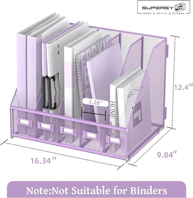 SUPEASY Desk Organizers Metal Desk Magazine File Holder with 5 Vertical Compartments Rack File Organizer for Office Desktop, Classroom, Home Workspace, Purple