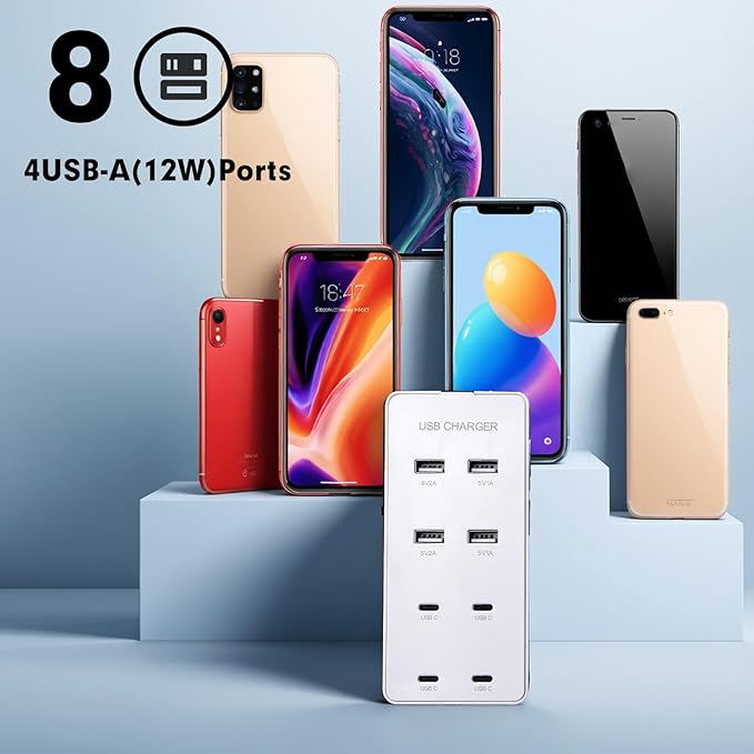 USB Wall Charger USB C Charging Station for Multiple Devices 8-Ports Charging Hub Strip Smart Charger Block Compatible with iPhone, Galaxy, iPad Tablet, and Other Devices