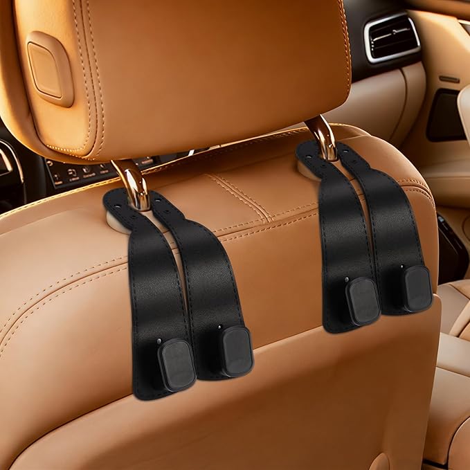 4 Pack Headrest Hooks for Car, Leather Car Seat Back Storage Hooks, Car Purse Holder for Purses and Handbags
