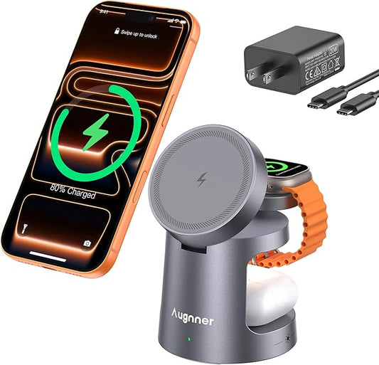 4 in 1 Charging Station Compatible with MagSafe Charger, Foldable Magnetic Wireless Charger with Night Lamp, 15W Fast Charging Stand for iPhone 17/16/15/14/13/12, Apple Watch, AirPods (20W Adapter)