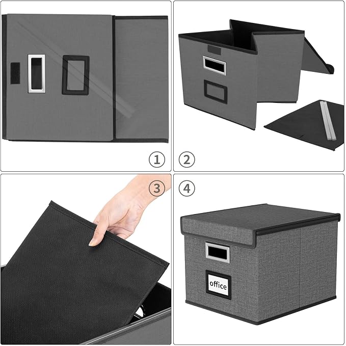 File Organizer Box with Lid, Collapsible File Folder Organizer for Office Document Storage, Filing Box with Plastic Slide for Letter Size Hanging File Folders(1 Pack, Smoky Grey)