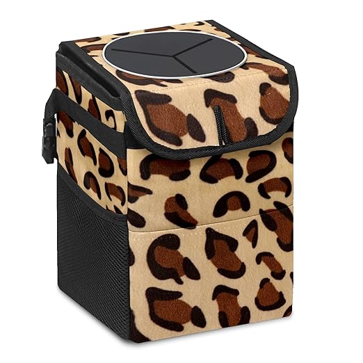 Car Trash Can Leopard Print Wate-rproof Auto Garbage Bag Car Trash Can with Lid Leak-Proof Car Storage Bag Hanging for Headrest Collapsible and Portable with Storage Mesh Pocket