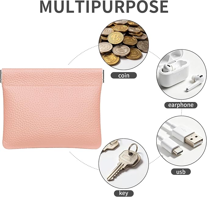 Genuine Leather Squeeze Coin Purse Pouch Change Holder For Men & Women Mini Change Purse Pouch for Pocket, Small Pouch Credit Card Key Headset Lipstick Holder (Pink)