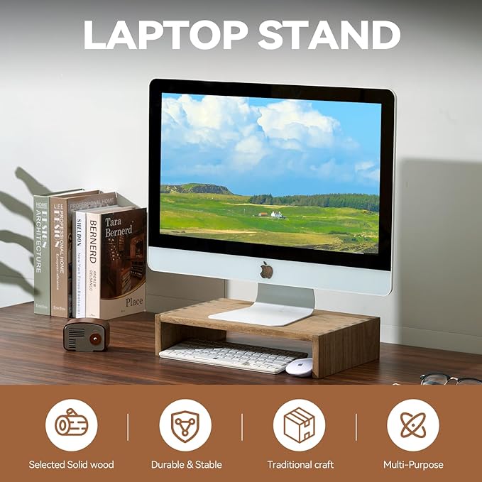 KIRIGEN Monitor Stand Wooden - Desk Stand Wood for Computer/Laptop/TV Printer - Monitor Arms & Stands Desk Riser for Office Desktop Workspace Organizers Platforms Stands (39,Dark Brown)