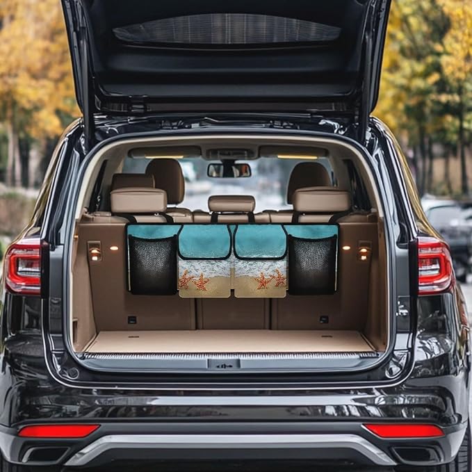 Sea Starfish Trunk Organizer and Storage, Backseat Hanging Organizer for SUV, Truck, MPV, Waterproof, Collapsible Cargo Storage Bag with 4 Pockets