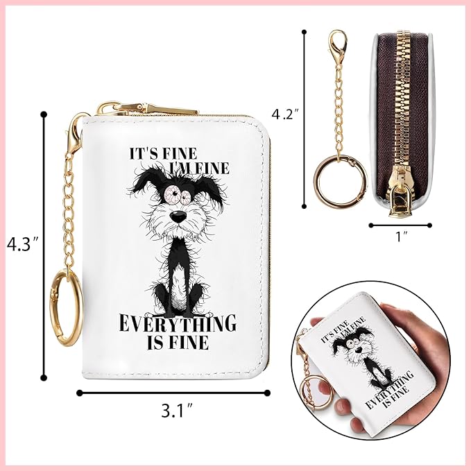 Blusabaca Funny Dog Credit Card Holder for Women, Small RFID Wallet with Zipper, Card Keychain Wallet, Leather Wallet Card Case, Business RFID Blocking Accordion Purse Wallet Gift I'm Fine