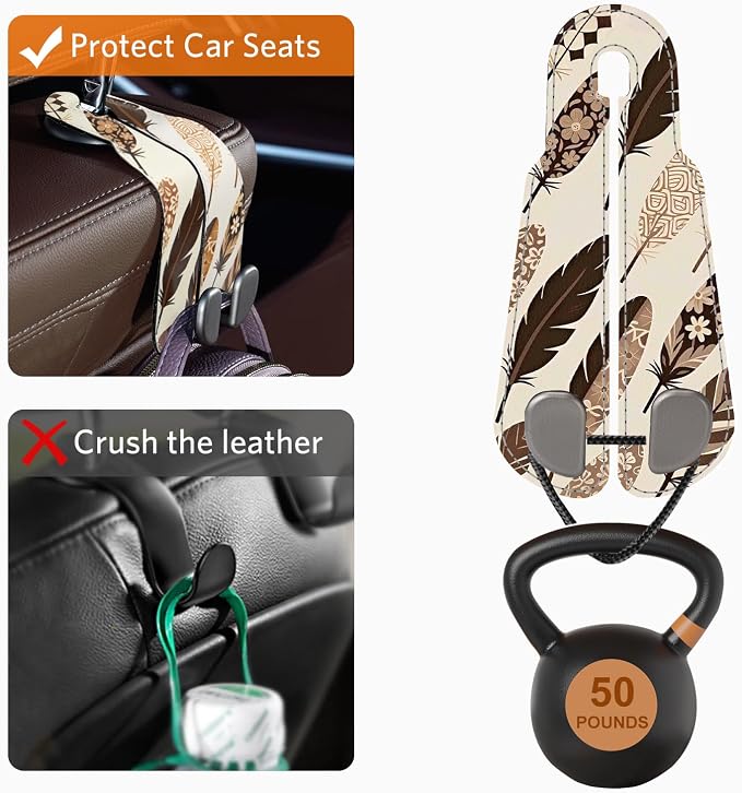 CoBak Purse Hook for Car - Universal Premium Stitched Leather and Aluminum-Magnesium Alloy Double Car Seat Back Storage Hook for Purses, Handbags, Bags (2 Pack),Feather