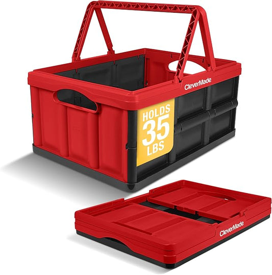 CleverMade Collapsible Shopping Basket 32L – Folding Grocery Basket with Handles, Stackable Reusable Storage Crate with 35 lb Capacity, Recycled Plastic, Car Trunk Organizer - Red
