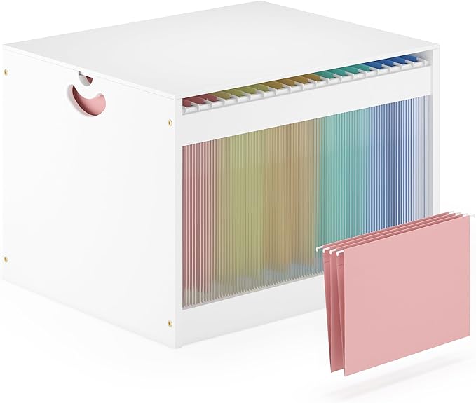 Hanging File Box Organizer for Letter Size, Bamboo Acrylic File Folder Storage with Lid Clear Moving Boxes Wooden with Handle Desktop Wood Filing Holder for Office Banker Document White 1 Pack