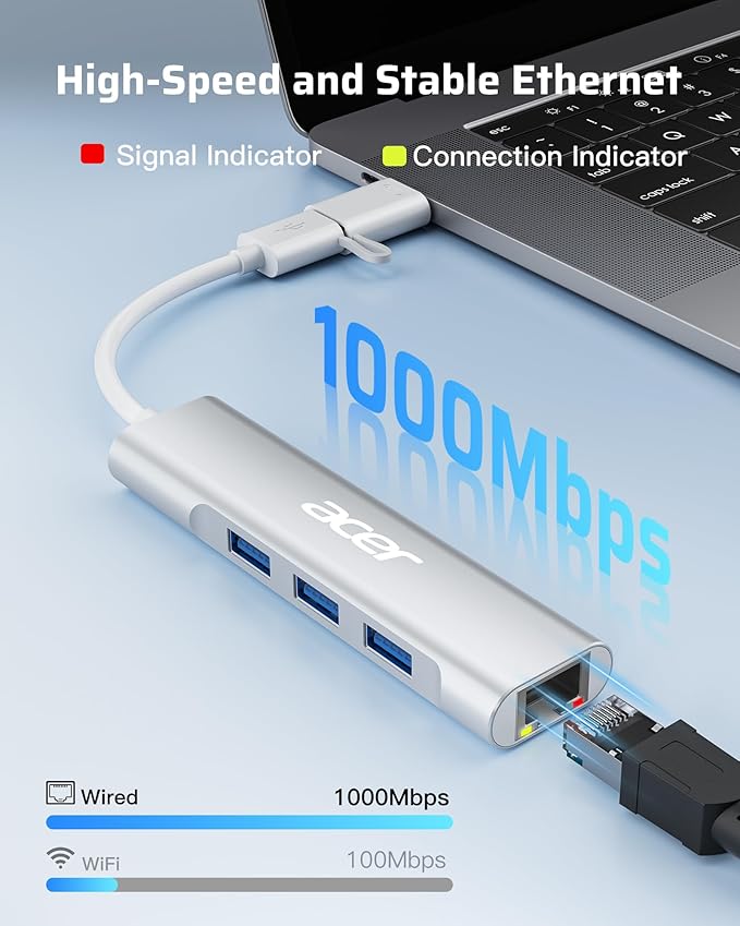 Acer USB C to Ethernet Adapter, 4-in-1 USB-A/C Hub with 3 USB-A 3.1 & 1Gbps RJ45 Networks, USB-C to LAN Adapter for MacBook Pro Air, Surface, Chromebook, Acer, Laptop, and More