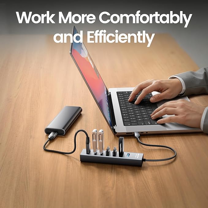 USB C to USB Hub Multiport Adapter, Aluminium 7-Port USB C Hub Multiport Adapter, USB Extenders, USB c Splitter for Thunderbolt, MacBook Pro/Air, Laptop, iPad, iMac, U Flash, PSSD, Keyboard, Mouse