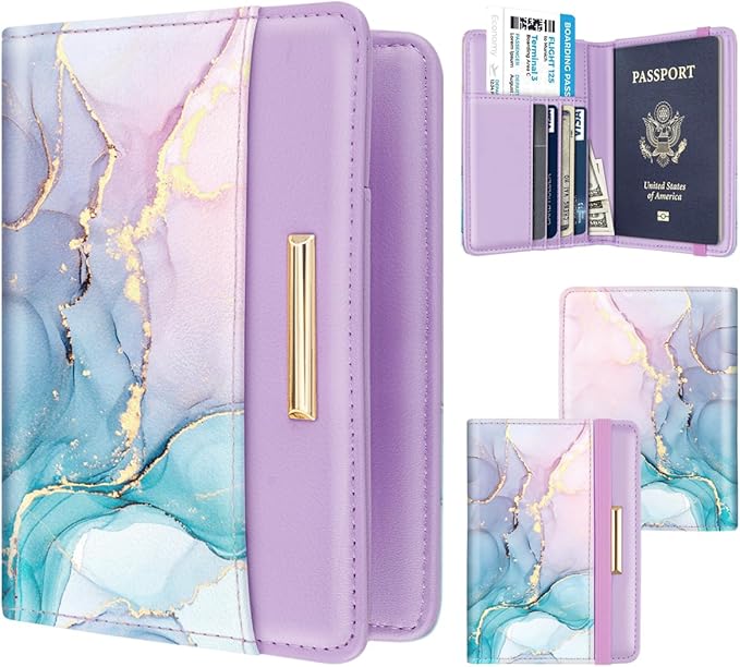 Passport Holder Cover, RFID Travel Wallet Credit Card Holder Cute Purple Pink Passport Book Holders for Women with Elastic Band and Golden Metal Decoration, Gradient Marble