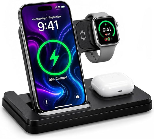 Foldable 3 in 1 Wireless Charging Station for Apple Magsafe Charger Stand,Fast Magnetic Wireless Charger Station for iPhone 17 Air 16 15 14 13 12 Series,Airpods Pro,Apple Watch Ultra