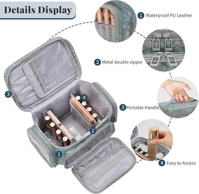 Bagmoly Large Makeup Bag, Portable Travel Makeup Bag Organizer for Women Girls with Makeup Brush Compartment & Two Side Pockets, Cosmetic Travel Bag Vertical Storage Toiletry - Floral Blue