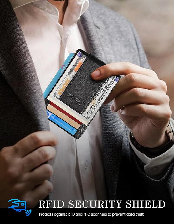 kinzd Slim Money Clip Wallet for Men Genuine Leather Front Pocket RFID Blocking Wallet, Minimalist Card Holder with 4 Strong Magnets Hold 30 Bills | RFID Blocking, Strong Magnet, thin