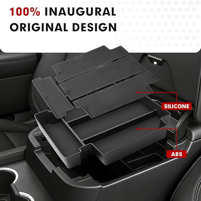 Autorder Center Console Organizer for 2021-2026 Chevy Chevrolet Tahoe/Suburban/GMC Yukon Accessories Armrest Storage Box Secondary Insert Tray with Anti-Slip Mat(Only for Power-Sliding Console)