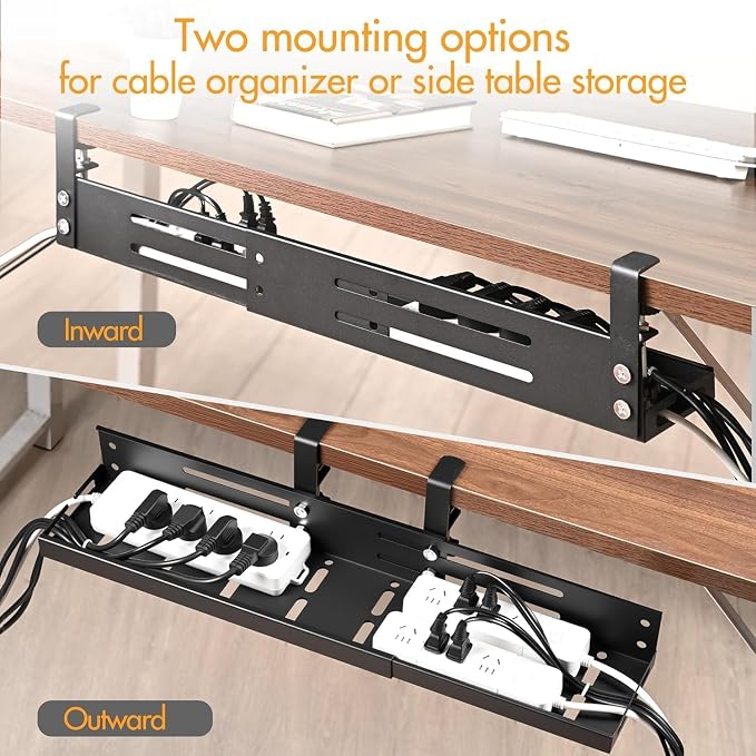No Drill Under Desk Cable Management Tray, 17”-30” Retractable Cord Organizer for Table, Clamp Mount Wire Basket, Power Strip Holder & Metal Cord Organizer for Office, Home