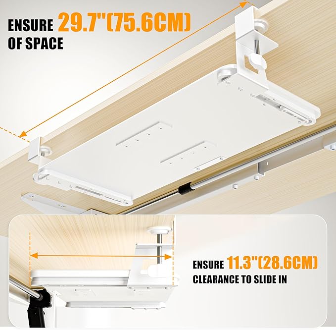 Keyboard Tray Under Desk, Pull Out Keyboard Tray with C Clamp Mount, 25.6" (29.7" Including Clamps) x 11.8" Slide-Out Platform Computer Drawer for Typing, Keyboard & Mouse Tray, White