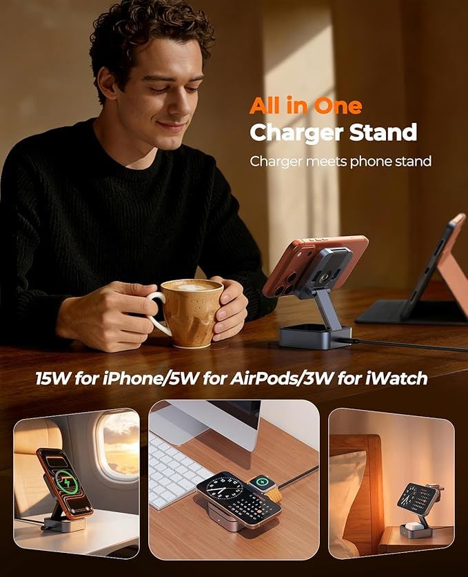 3 in 1 Wireless Charging Station for Apple Multiple Devices, Foldable Travel MagSafe Charger Stand with 20W PD Adapter for iPhone 17 16 15 14 13, Apple Watch, AirPods Pro/4 - Space Grey