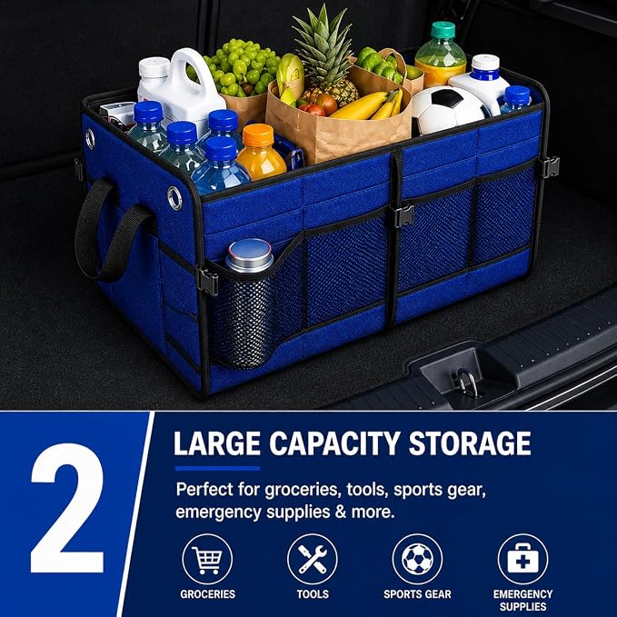 Car Trunk Organizer – Foldable Storage with 3 Compartments, Heavy Duty, Collapsible Cargo Organizer for SUV, Truck & Car (Blue)