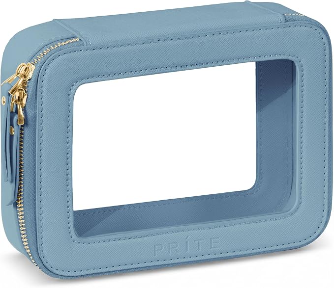 Prite Clear Makeup Bag Cosmetic Organizer Case Waterproof Travel Toiletry Bag Skincare Pouch with Golden Zipper(Blue)