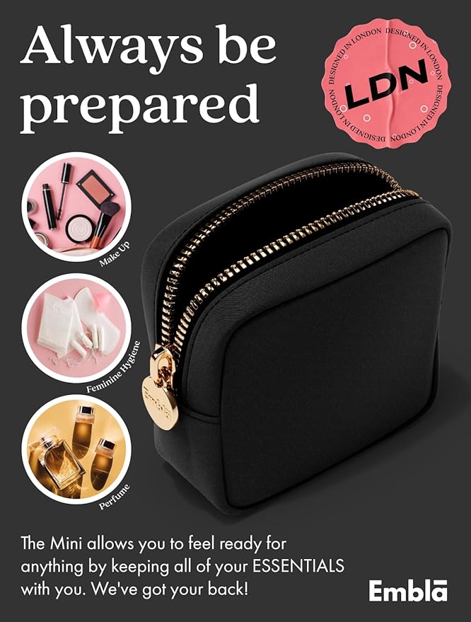 Embla Small Makeup Bag for Purse, Mini Waterproof Nylon Cosmetic Pouch, Durable and Lightweight Travel Toiletry Bag with Smooth Zipper, Black