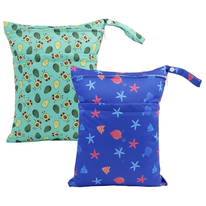 ALVA ALVABABY 2pcs Cloth Diaper Wet Dry Bags Waterproof Reusable with Two Zippered Pockets Travel Beach Pool Daycare Soiled Baby Items Yoga Gym Bag for Swimsuits or Wet Clothes LZX4344