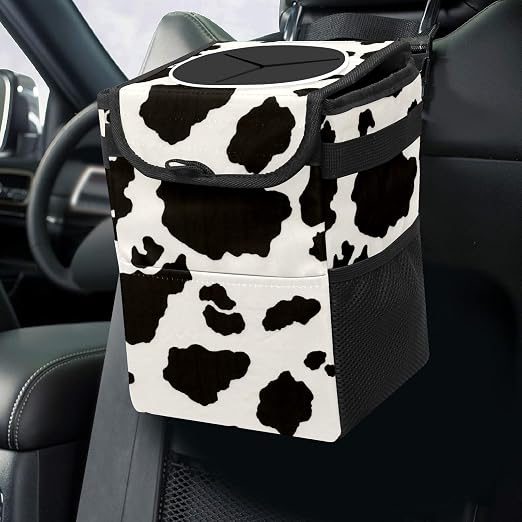 Black White Cow Print Car Trash Can with Lid Collapsible Reusable Waterproof Car Garage Bag,Automotive Garbage Can,Car Accessories Interior Car Organizer