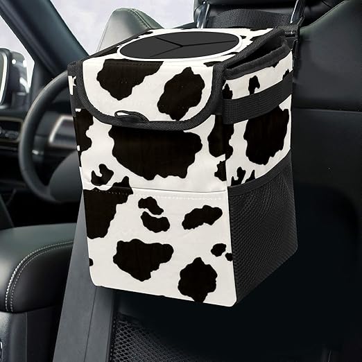 Black White Cow Print Car Trash Can with Lid Collapsible Reusable Waterproof Car Garage Bag,Automotive Garbage Can,Car Accessories Interior Car Organizer