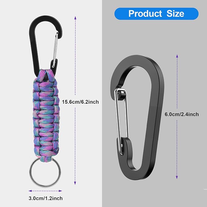 2 Pieces Paracord Keychain with Carabiner,Lanyard Clip for Keys Water Bottle Holder Backpack