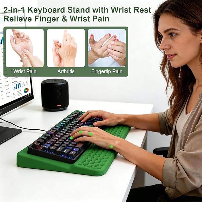 Keyboard Stand with Wrist Rest, Computer Keyboard Pad with Wrist Support, Ergonomic Keyboard Riser Holder Lift Tray, Soft Memory Foam Desk Wrist Pad for Office, Home, School - Green