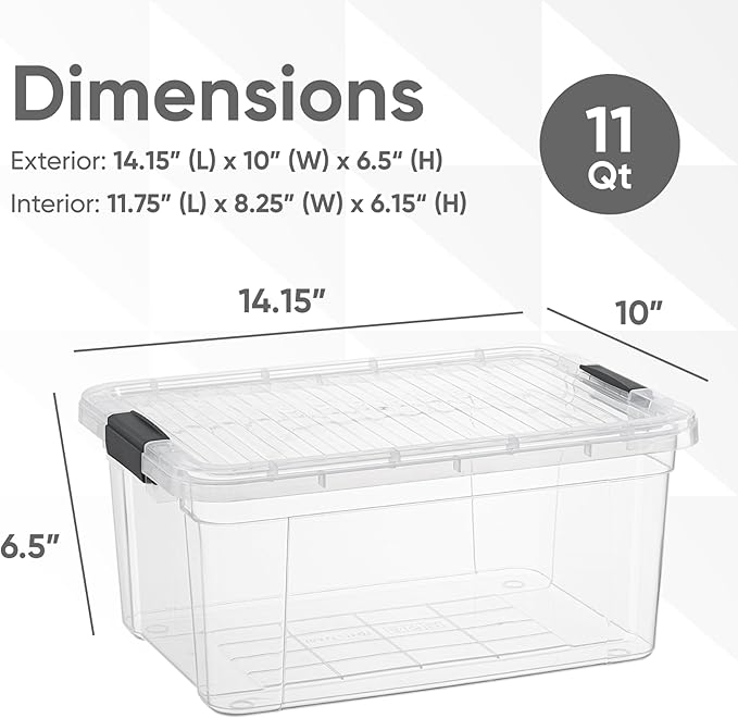 Superio Small Clear Storage Boxes with Lids, 11 Quart BPA Free Plastic Containers, Bins for Organizing, Stackable Crates, Organizer Totes for Home, Office, School, and Dorm