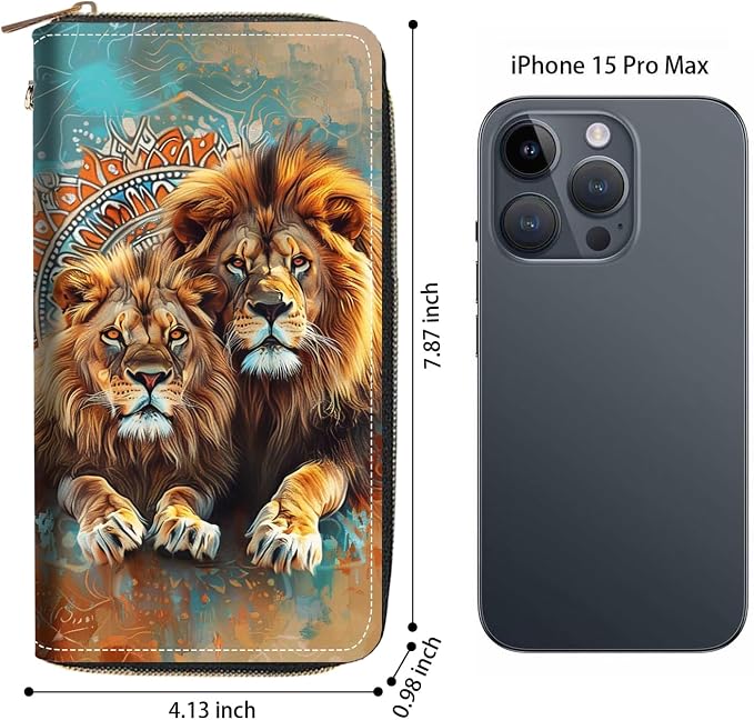 Women's Large Capacity Wallet PU Leather Zip Around Clutch Purse Multifunctional Wallet with Removable Wristlet Strap for Smart Phone/Coin/Card/Cash - Lion