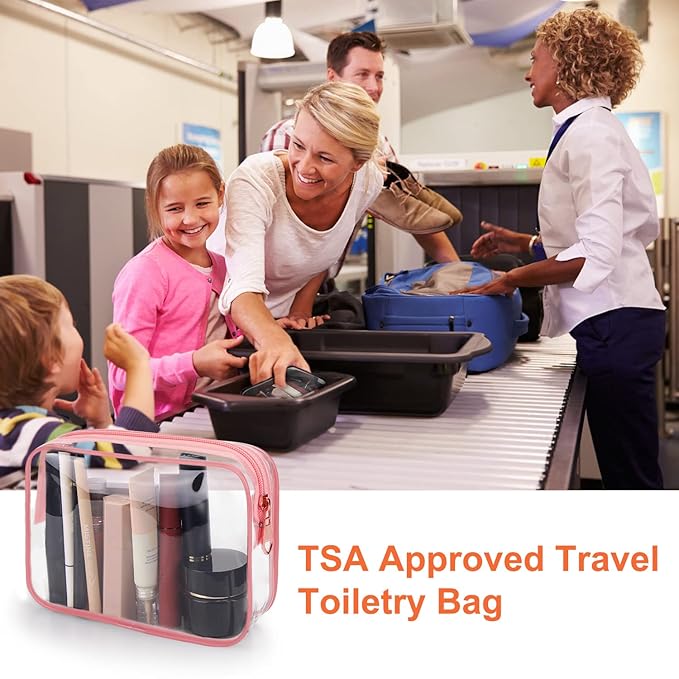 Wedama TSA Approved Toiletry Bag, Cosmetic Bags 2 Pack with Zipper Carry on Airline Airport Travel Accessories, PVC Makeup Bags for Travel, Quart Size Travel Bags for Men and Women-Pink