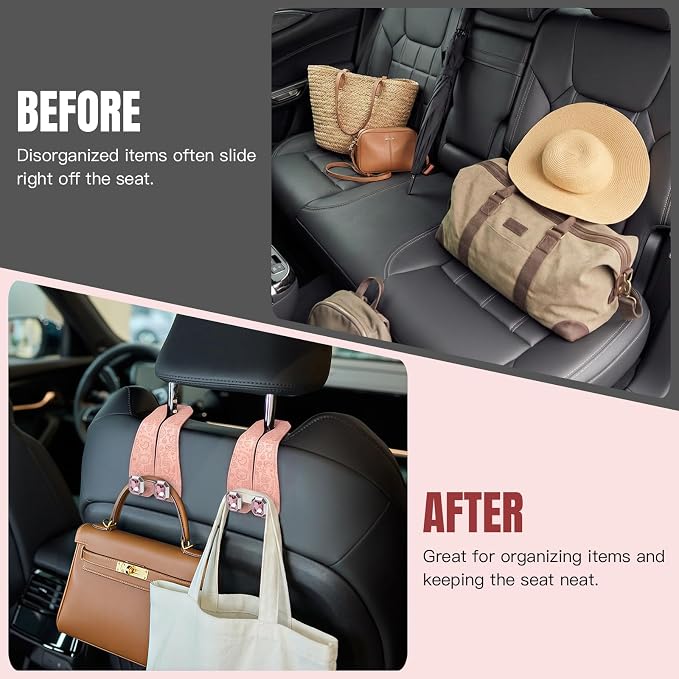 2PCS Car Hooks for Headrest, Faux Leather Purse Hook for Car Seat Back Organizers and Storage, Double Metal Purse Holder Bag Hanger, Universal Car Interior Accessories for Women Man