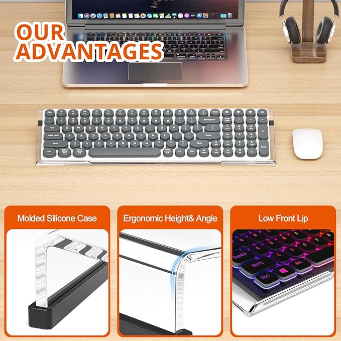 Richboom Computer Keyboard Stand Tilt PC Keyboard Stand Riser for Easy Ergonomic Typing, Acrylic Keyboard Tray Holder for Office Desk, Home, School, with Silicone Anti-Slip Case, Clear