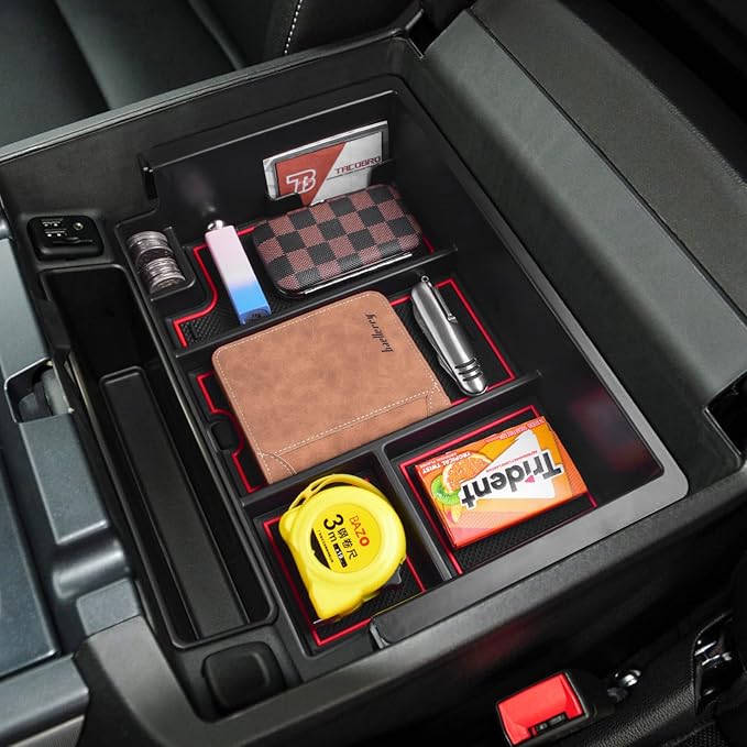 TACOBRO Full coverage Center Console Organizer Compatible with 2014-2018 GMC Sierra 1500 /Chevy Silverado 1500 Accessories 2015-2020 Yukon XL/Tahoe Suburban Insert Armrest Storage ABS Plastic, Red
