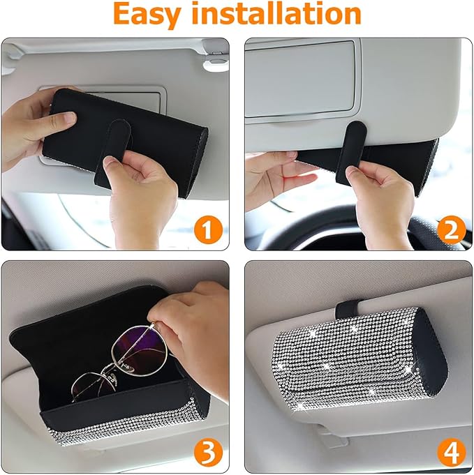 Osilly Bling Car Sunglass Holder for Sun Visor, Sparkling Crystal Leather Automotive Eyeglasses Mount Clip Organizer with Hidden Magnetic Closure for Men Women, Universal for SUV Truck Van（Red）