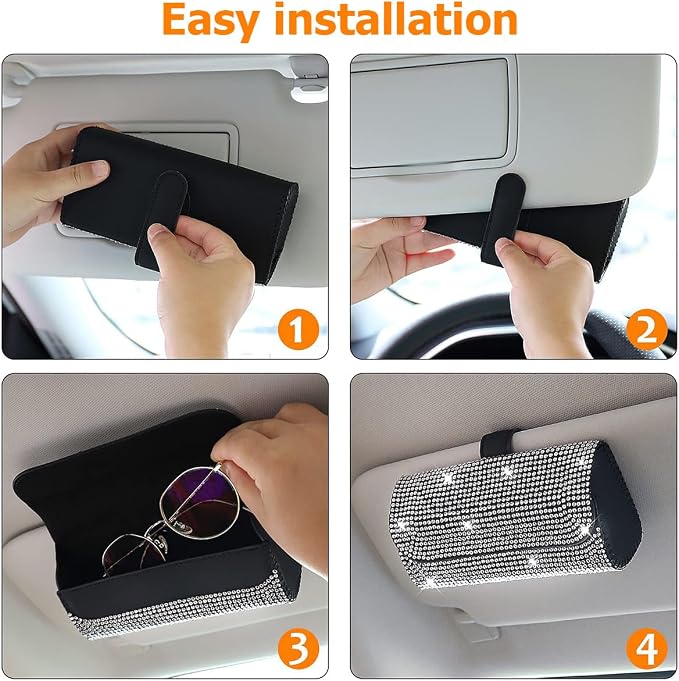 Osilly Bling Car Sunglass Holder for Sun Visor, Sparkling Crystal Leather Automotive Eyeglasses Mount Clip Organizer with Hidden Magnetic Closure for Men Women, Universal for SUV Truck Van（White）