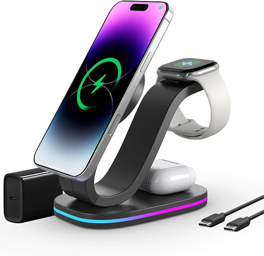 Wireless Charger 3 in 1 for iPhone, Magnetic Charging Station for Apple Family with Adjustable Multicolor Ambient Light, 15W Fast MagSafe Charger Stand,for iPhone17-12-iWatch AirPods Series
