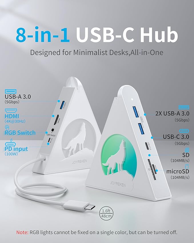 USB C Hub, 8 in 1 USB C Hub Multiport Adapter with 4K HDMI, PD 100W, 5Gbps Type C 3.0, 3xUSB A 3.0, SD/TF Card Reader& RGB Lighting, White Docking Station for MacBook Air/Pro, HP, Laptop, PC(Wolf)