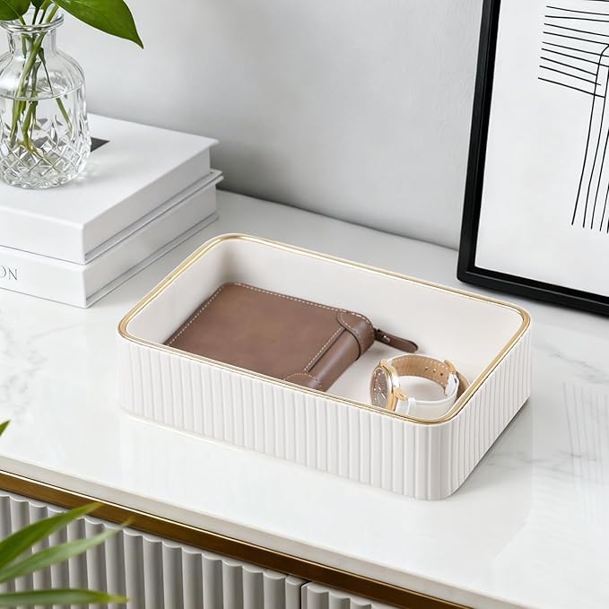 Desk Organizer Tray, PU Leather Nightstand Organizer Perfume Valet Tray for Men Women, Decorative Vanity Trays Trinket Dish Key Bowl for Entryway Table (Ivory, Small)