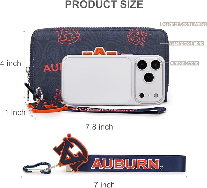 Auburn Wristlet Wallet for Women, Auburn Official Licensed Purse with RFID Blocking Card Slot, Clutch Wallet for Gift, Game Day & Concert (Size: 7" x 1" x 4) | Navy, NC-AU011NY