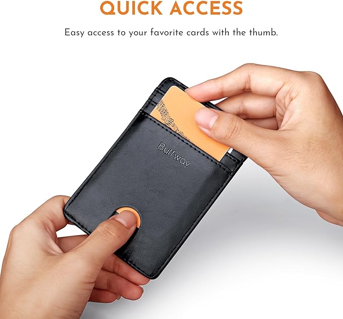 Buffway Mens Slim Wallet, Minimalist Thin Front Pocket Leather Credit Card Holder with RFID Blocking for Work Travel | Minimalist, Thin, Front Pocket, Credit Card Holder, RFID Blocking, for Work Travel